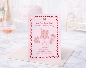 Coquette Birthday Invitation, Editable Light Pink and Red Bow Flowers Cake Party Invite, Printable Template, Instant Download