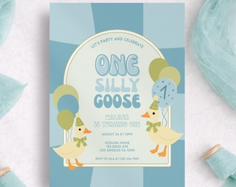 One Silly Goose 1st Birthday Invitation Template, Editable Blue First Birthday Party Invite, Printable Template, Instant Download