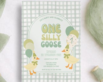 One Silly Goose 1st Birthday Invitation Template, Editable Gingham Sage Green First Birthday Party, Printable Template, Instant Download