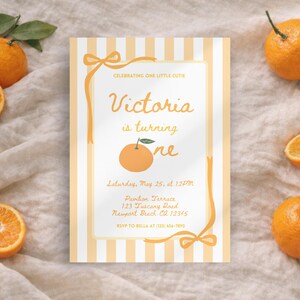 One Little Cutie 1st Birthday Invitation, Editable First Birthday Orange Stripes and Bows Party Invite, Printable Template, Instant Download image 2