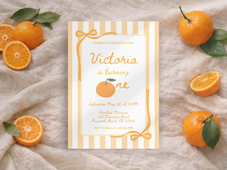 One Little Cutie 1st Birthday Invitation, Editable First Birthday Orange Stripes and Bows Party Invite, Printable Template, Instant Download image 2