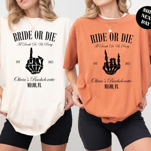 「Bride Or Die」独身パーティーTシャツ、「Till Death Do We Party」スウェットシャツ、「Spooky Witch Bride」シャツ、「Rock and Roll」独身パーティーギフト、Comfort Colors®