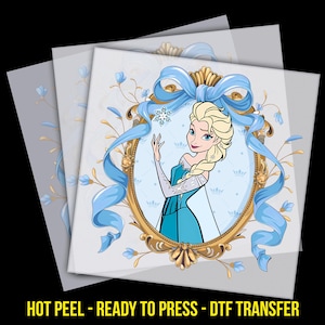 May include: A DTF transfer featuring a cartoon image of a woman with blonde hair in a blue dress, framed by a gold oval mirror with a blue ribbon. The text "HOT PEEL - READY TO PRESS - DTF TRANSFER" is at the bottom.