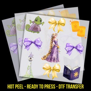 May include: DTF transfer sheet featuring illustrations of a princess in a purple gown, a green chameleon, purple bows, yellow bows, lanterns, a tower, and a book. The text "HOT PEEL - READY TO PRESS - DTF TRANSFER" is at the bottom.