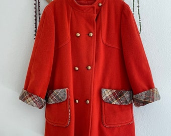 1960s Vintage Wool Coat Burnt Orange with Brown Plaid Trim  ILGWU