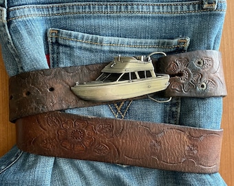 1979 Vintage BERGAMOT Yacht Belt Buckle and Tooled Leather Belt  Dark Brown Leather Belt  Floral Leather Belt