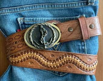 1970s Vintage ANCHOR Brass Belt Buckle and Tooled Leather Belt  38