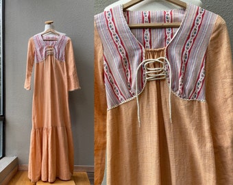1960s Vintage Peachy Sorbet Peasant Maxi Dress  Prairie Dress