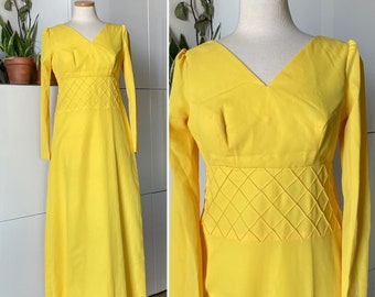 1970s Handmade Goldenrod Yellow Maxi Dress / Empire Waist / Mid Century Fashion