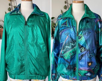 1990s HEAD Reversible Windbreaker / Jacket / Emerald Green / Blue Hues with Geometric Shapes / Zip Up / Pockets