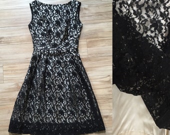 1960s CUSTOM MADE Black Lace over Creamy Silk Sleeveless Sheath Cocktail Dress