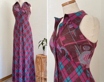 Jaren '70 Vintage THE COMPANY Maxi Jurk Turquoise Berry en Magenta Plaid Mouwloos