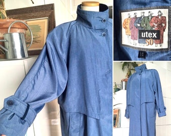 1980s Vintage UTEX Blue Trench Coat  Raincoat  Size 14  L XL  Made in Hong Kong