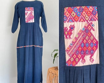 Vintage GUATEMALAN Indigo Cotton Embroidered Traje Maxi Dress  One of a Kind  Handwoven Folk Art Maxi  Traditional Dress