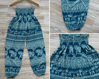 Vintage ballon been broek harembroek Teal blauw met olifanten elastische taille