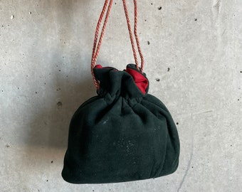 1940s Vintage Lucien LeLong Doeskin Soft Wristlet Pouch with Mirror French Fashion Black and Red Vintage Bag  Purse  Drawstring