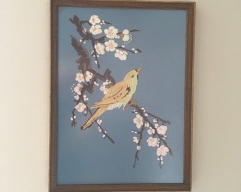 1960s Vintage Embroidered Yellow Bird with Cherry Blossoms Framed Textile Art  Wall Hanging  Asian  Chinoiserie  Boho  Botanical Decor