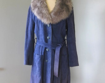 1970s Vintage Royal Blue Suede and Grey Shearling Winter Coat  Penny Lane Coat