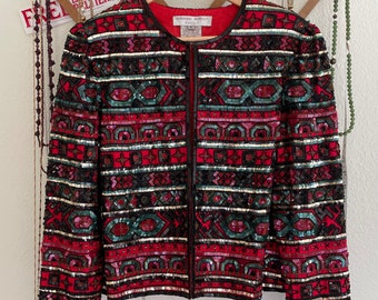 Chaqueta de seda con lentejuelas de Adrianna Papell de los años 90: abrigo de noche con cuentas