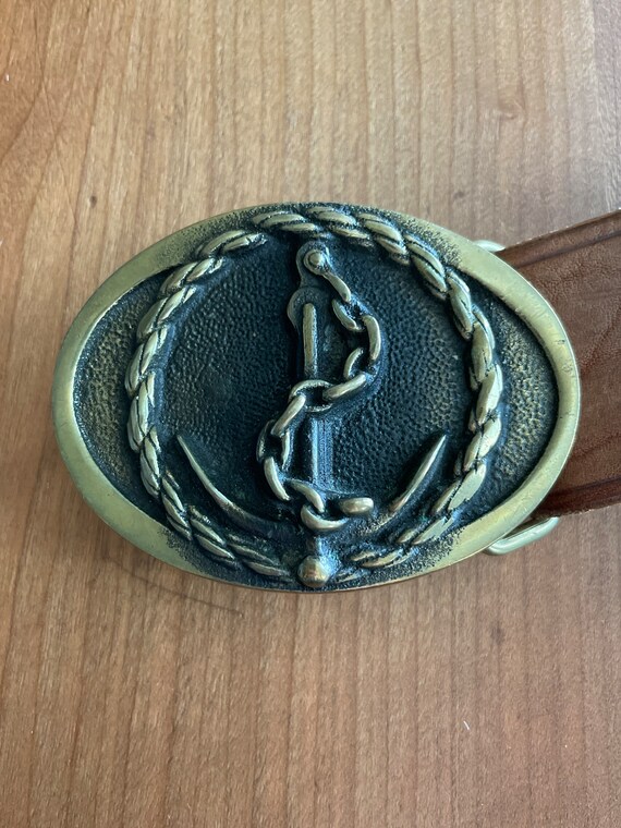 1970s Vintage ANCHOR Brass Belt Buckle and Tooled Lea… Gem