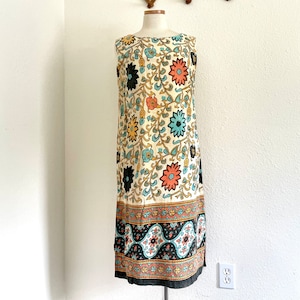 1960s Vintage Cotton Summer Sleeveless Shift Dress Hand Made Hand Woven Hand Block Floral Natural Pullover Dress