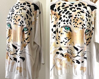 1980s Vintage Oversized Dropwaist Cheetah Shirt Green Eyes Carol Carr Palm Beach Large XL