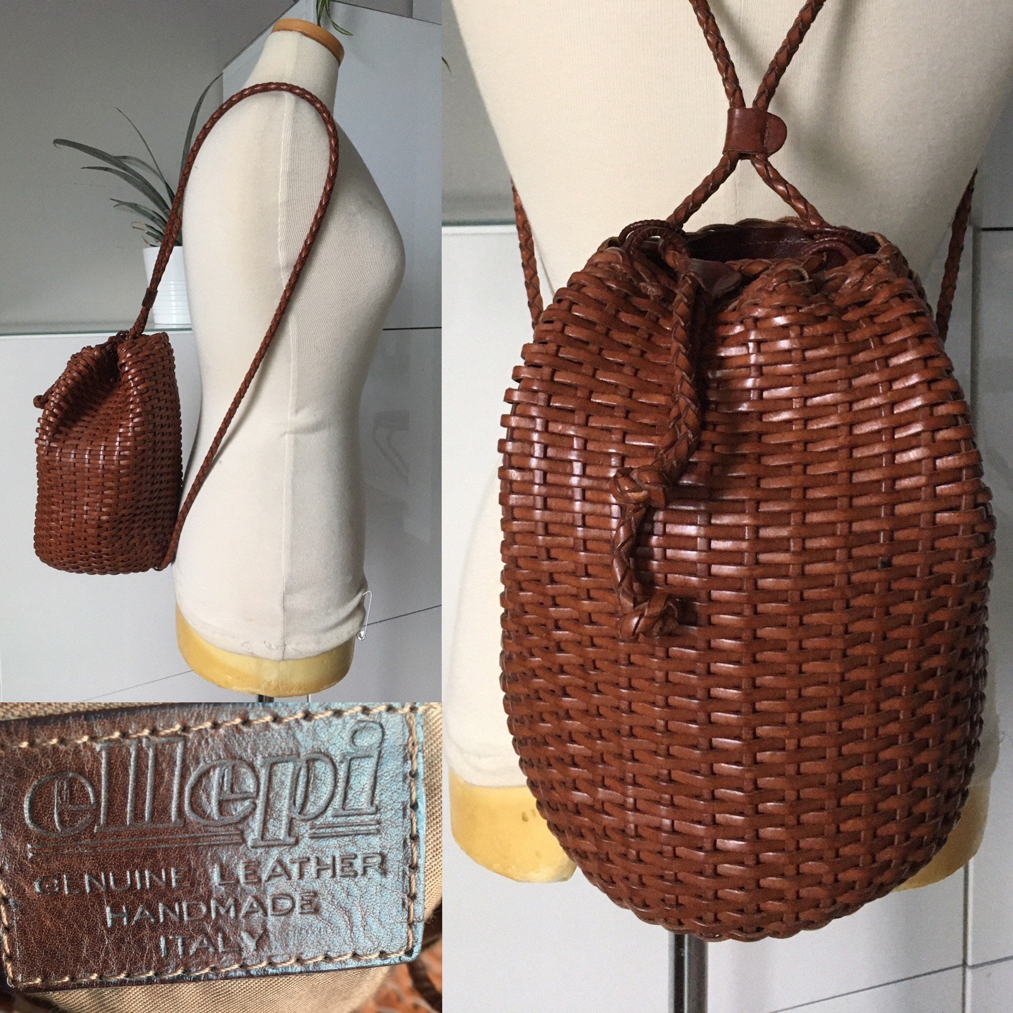1990s Vintage ELLEPI Italian Woven Leather Bucket Bag 