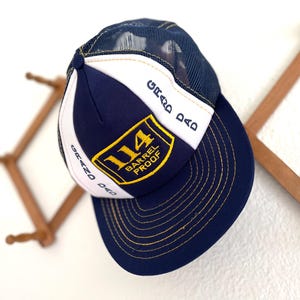 Vintage Old Grand Dad 114 Barrel Proof Bourbon Blue and White Trucker Hat Snap Back Baseball Cap