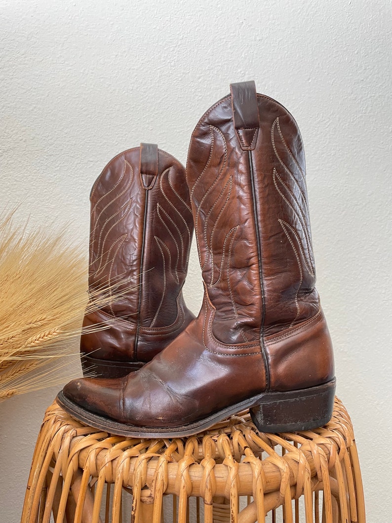 Vintage WRANGLER Chocolate Brown Leather Cowboy Boots U.S. Mens Size 10 image 2