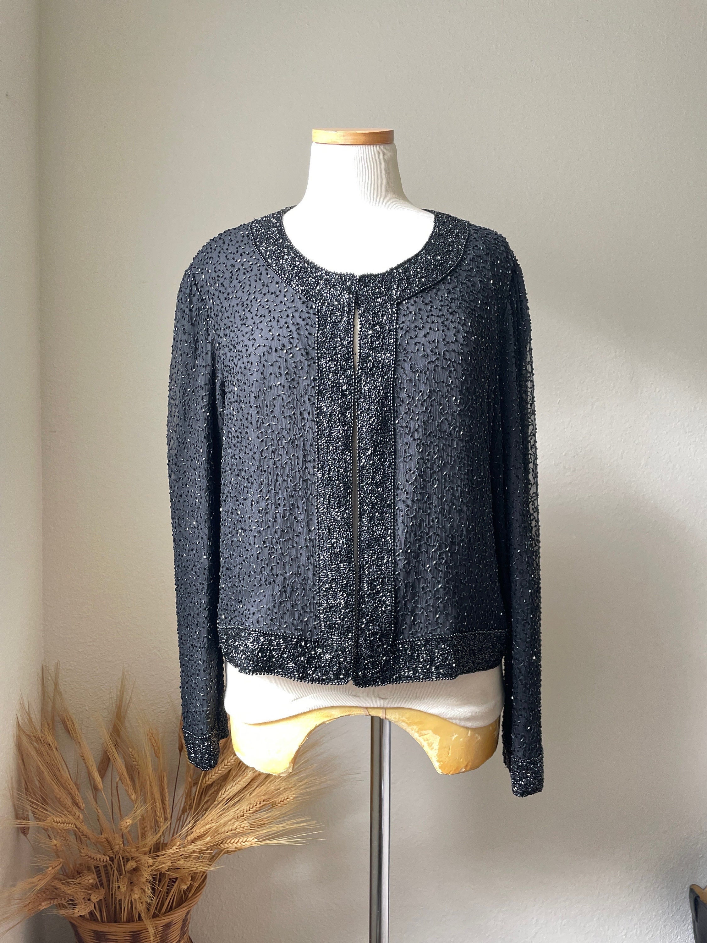 Vintage Black Silk Beaded Disco Jacket Cocktail Jacket Size L 70s Vintage Stenay