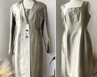 1990s Vintage HARRIS WALLACE Sage Green Silk Dress Suit / Dress and Coat Set / Size 12P