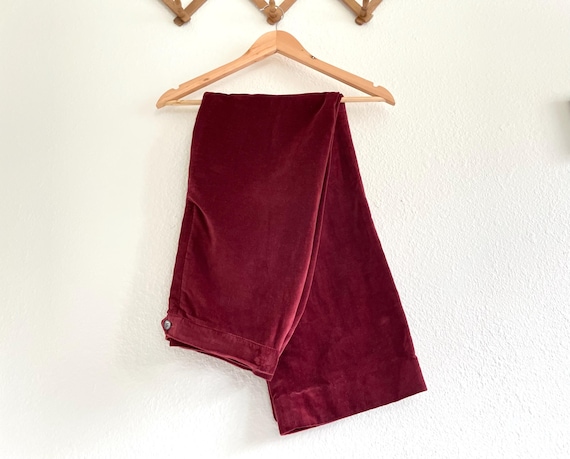Vintage 1970s Burgundy Velvet Slacks 70s Velvet Pants High Waist Wide Straight Leg