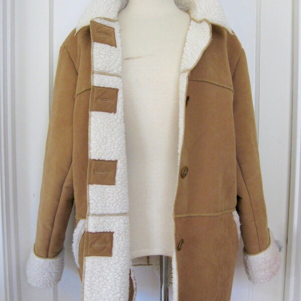 la década de 1990 ante del Faux vintage Shearling Coat, leñador, Boho, Buckskin vegano, rústico, invierno abrigo, señoras grandes