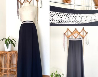 1970s Vintage Black Maxi Skirt with Crochet Detail