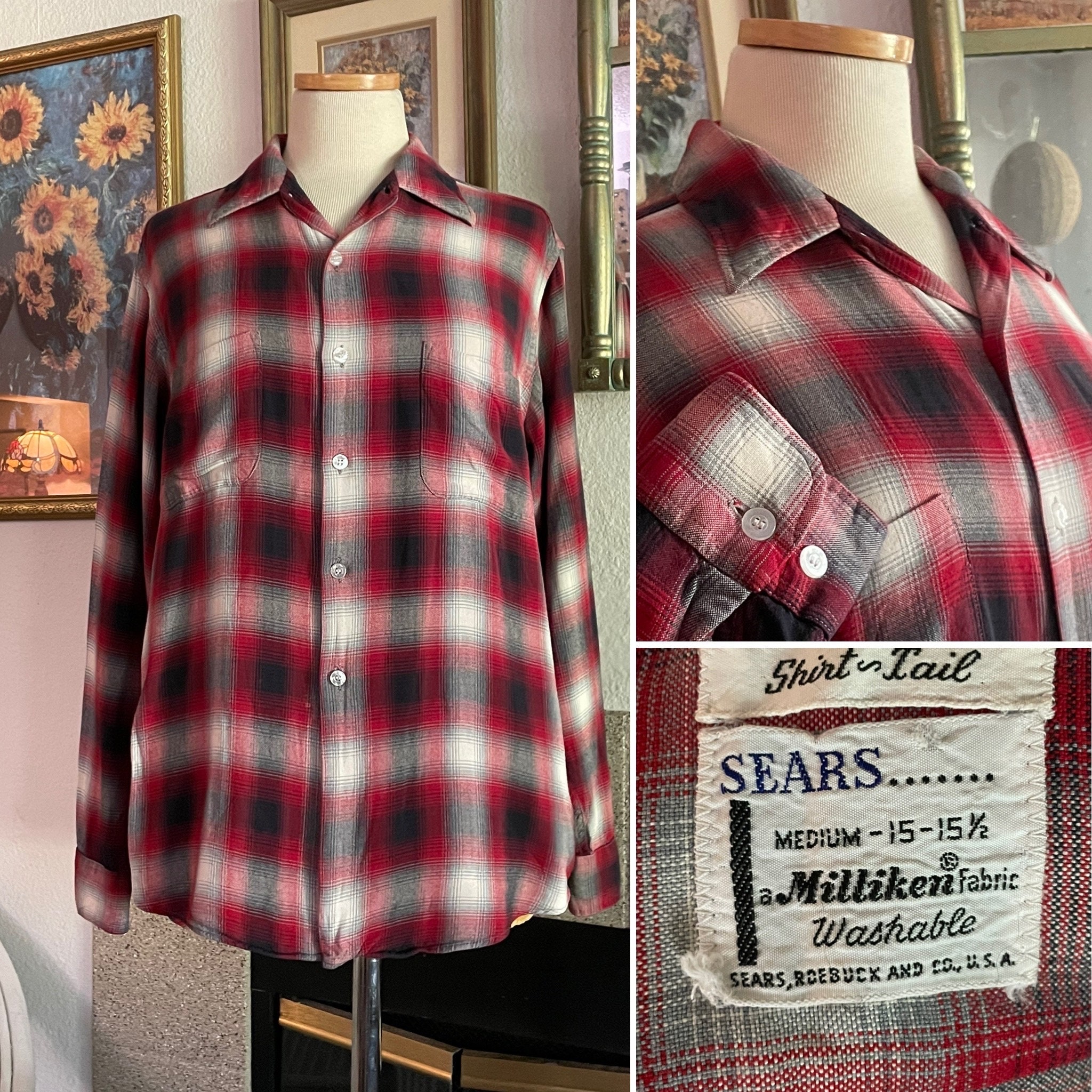 1950s SEARS Milliken Red and Grey Plaid Button up Shirt / Shirt 