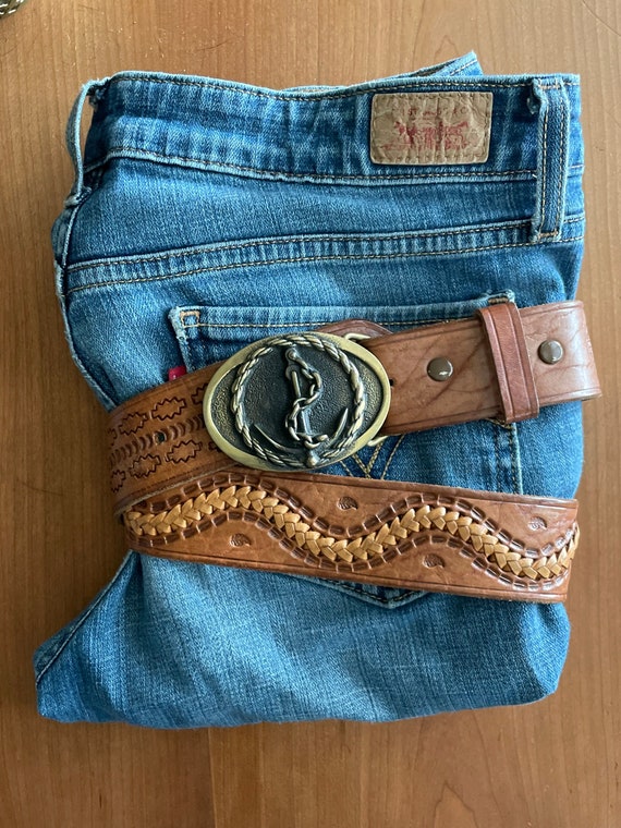 1970s Vintage ANCHOR Brass Belt Buckle and Tooled Lea… Gem