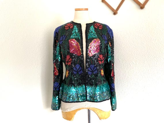 Vintage Scala Beaded Sequin Jacket: Black Silk Fl… - image 4