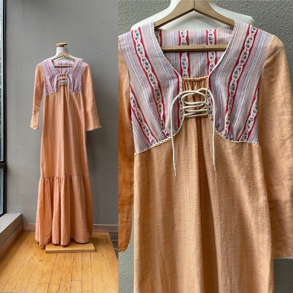 1960s Vintage Peachy Sorbet Peasant Maxi Dress / P