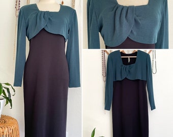 1980s NEIL MARTIN Wool Acrylic Blend Back and Teal Color Block Pullover Dress