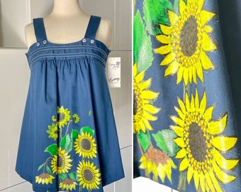 1970s Vintage MARY JANE by COREY Sunflower Smock Top / Navy Blue with Hand Painted Sunflowers / New With Tag