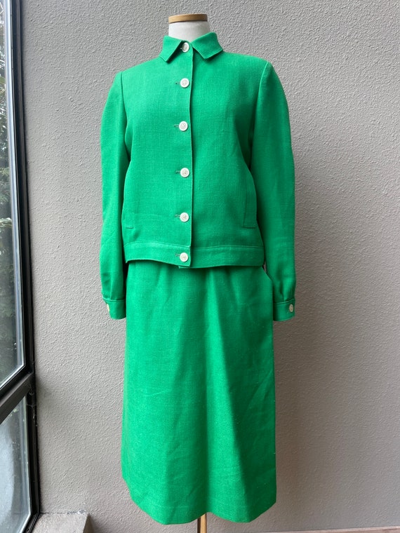 Mid Century Vintage Green Cotton Linen Skirt and … - image 4