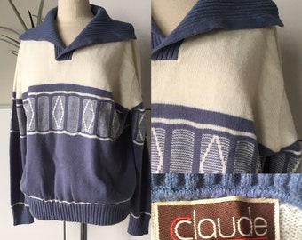 1970s Vintage CLAUDE by BRENTWOOD Pullover Blue and White Sweater  Vintage Menswear  Large