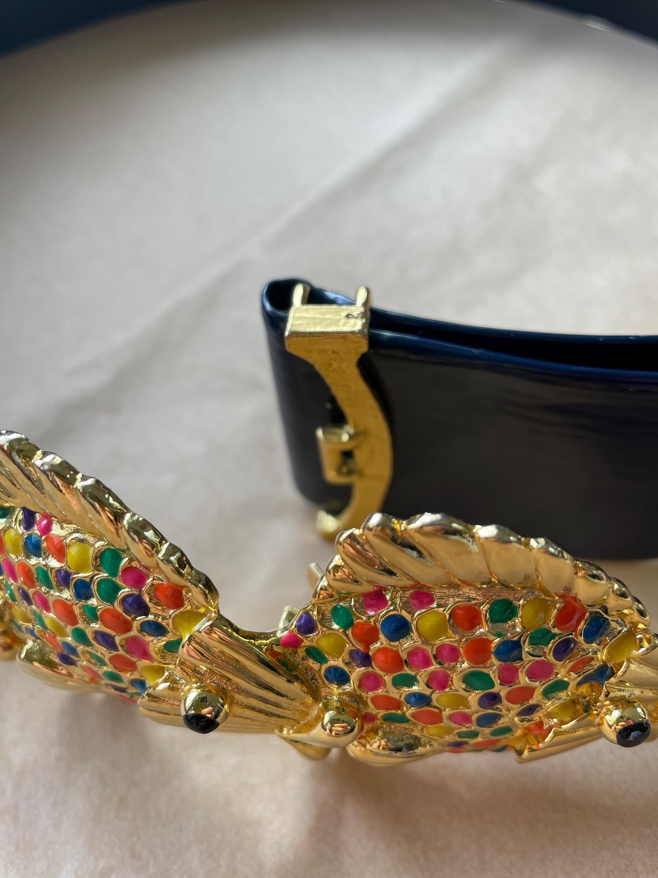 Vintage 1991 Mimi Di N Gold Tone and Rainbow Enamel Triple Fish Belt Buckle HTF Vintage Mimi Di N Rainbow Fish Belt: Goldtone Buckle, Navy  main image 2