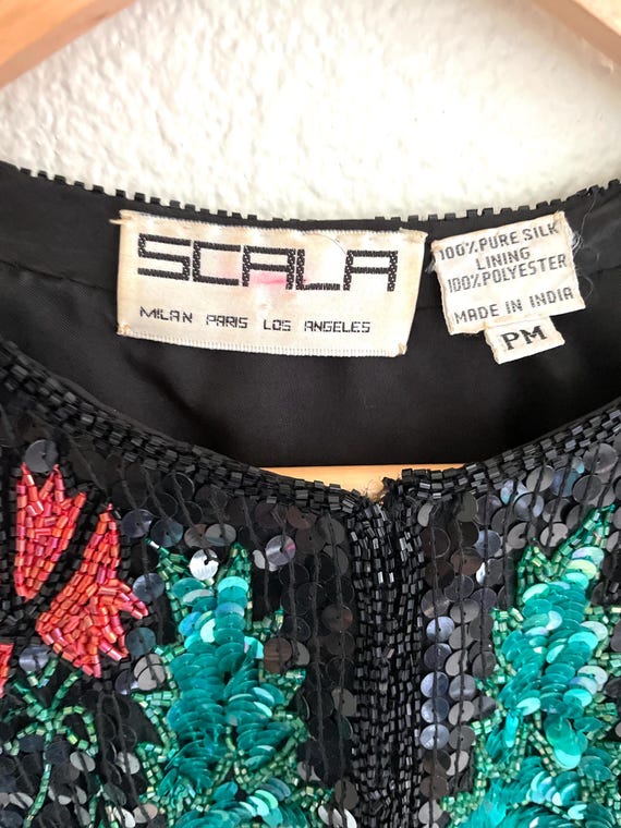 Vintage Scala Beaded Sequin Jacket: Black Silk Fl… - image 3