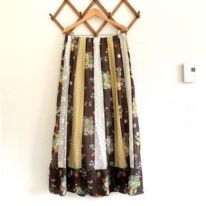 Vintage Chessa Davis Brown Floral Yellow Gingham and Lace Maxi Skirt 70s Cottagecore
