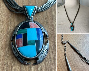 Vintage CAROLYN POLLACK Southwestern Sterling Silver Semi Precious Stone Inlay Pendant / Turquoise / Onyx / Lapis / Liquid Silver Necklace