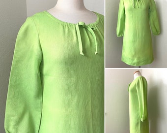 1960s Vintage Chartreuse Green Long Sleeve Crepe Mini Dress Gogo Dress Above the Knee 34 Inch Waist