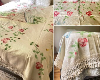 1920s Antique Silk Floral Bedspread with Creamy Chenille Fringe  Coverlet  Romantic  Cherubs  Duvet