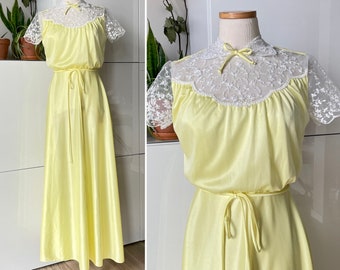 1970s Canary Yellow Floor Length Chiffon and Lace Goddess Dress