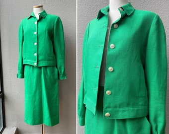 Mid Century Vintage Green Cotton Linen Skirt and Jacket 2-Piece Suit Set / Fully Lined